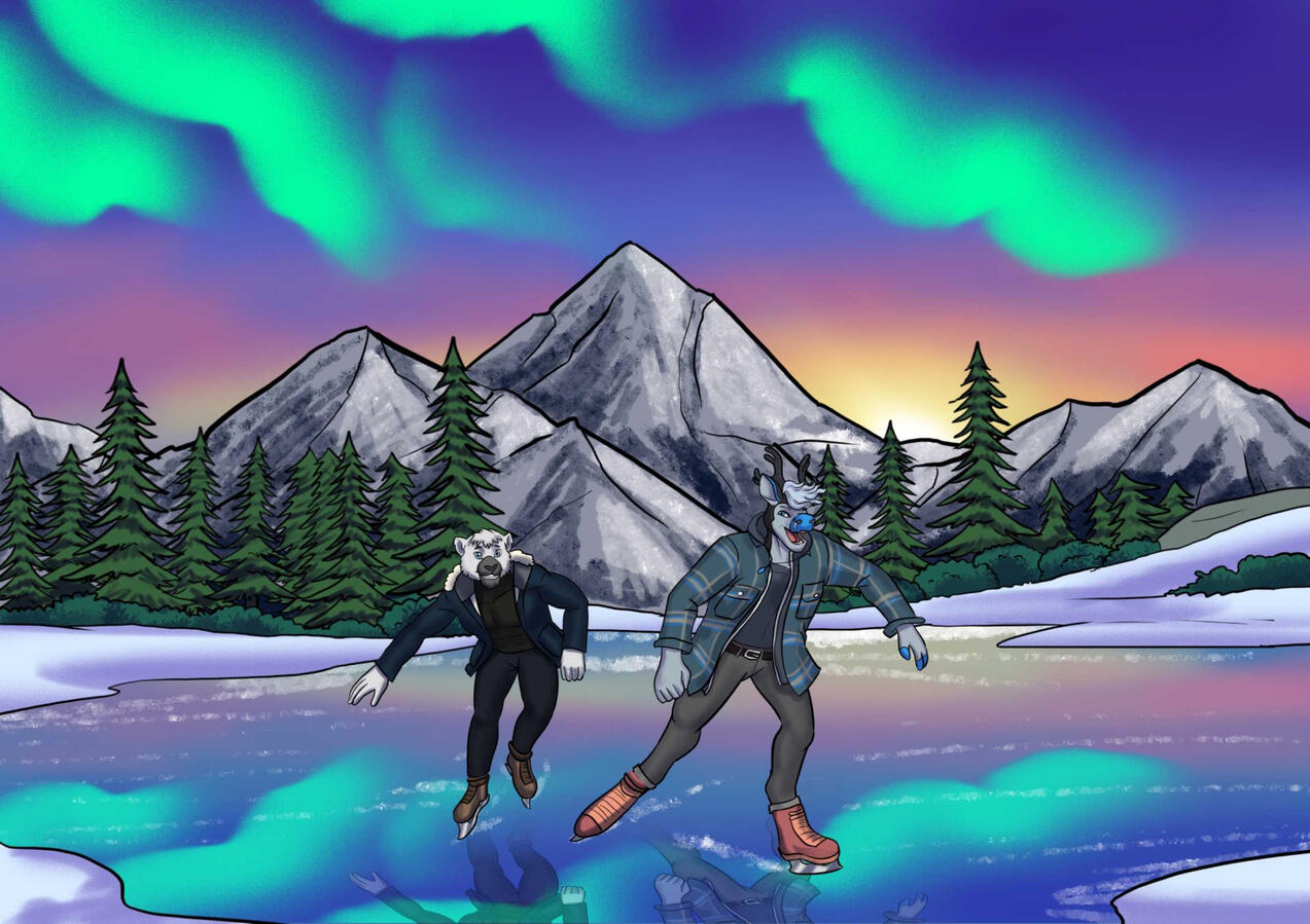 Kaisei ice skating with his friend Zephyr the tiger under an aurora on a lake in the mountains Kaisei ice skating with his friend Zephyr the tiger under an aurora on a lake in the mountains